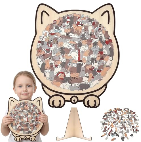 Katzen Holzpuzzle Erwachsene, 135 Teiliges Morandi Farben Holz Puzzle In Katzenform, Cute Cat Shaped Wooden Puzzle mit Katzenförmiges Rahmen, Kreatives Holzpuzzle Geschenk für Katzendamen