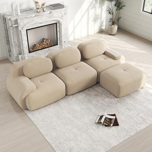 Bladez Modernes 3-Sitzer Cord Sofa Modulares L-förmiges Ecksofa mit Ottoman Hocker, Ohne Montage, Cloud Polstersofa Couchs kombinierbar, für Wohnzimmer (Beige, 3-Sitzer+1)