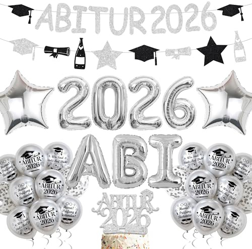 Tasoraor Abitur 2026 Deko, Schwarz Silber Abitur 2026 Girlande Banner und Ballons Graduation Deko, ABI 2026 Folienballons Cake Topper für Abschlussparty Hintergrund Schulabschluss Abschlussfeier