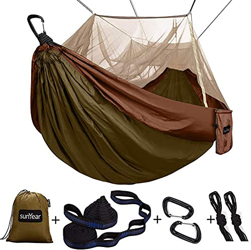 Einzel- und Doppel-Camping-Hängematte mit Moskitonetz, 3 m Hängematten-Baumgurten Karabinern, einfache Montage, tragbare Fallschirm-Nylon-Hängematte für Camping, Rucksackreisen, Überleben, Reisen mehr