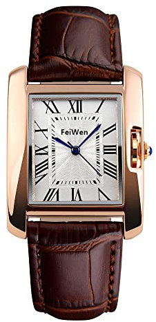 FeiWen Fashion Elegant Analog Quarz Damen Uhren Golden Eckig Edelstahl Wählscheiben mit Leder Band Braun Lederband