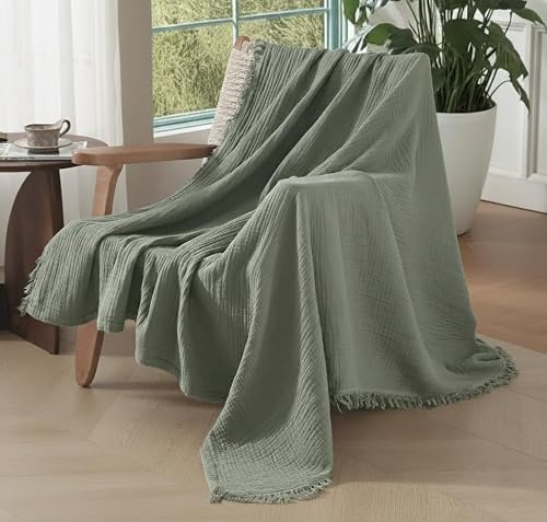 KyraHome Musselin-Überwurfdecke aus 100% Bio-Baumwolle, 139,7 x 152,4 cm, vorgewaschen, handpflanzengefärbt, atmungsaktiv, leicht, weiche Herbstdecke, für alle Jahreszeiten (Sage Green)