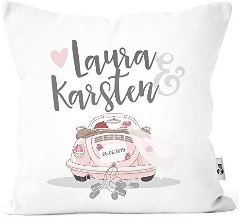 MoonWorks® personalisierbare Kissen-Hülle zur Hochzeit,Hochzeitskissen Auto Hochzeitsgeschenk Geldgeschenk Kissenhülle mit Schleife weiß 40cm x 40cm