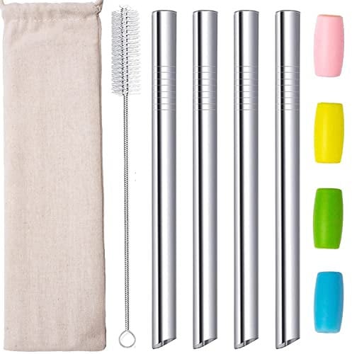 morneve Pailles de Boba en Inox réutilisables fer métalliques Embouts coudés Smoothies perle de tapioca Thé au lait Milkshake Paille thé à bulles 12mm avec sac Embout en silicone brosse Argent 4pcs