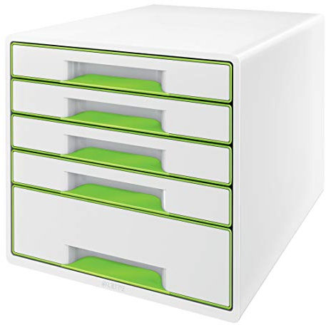 Leitz CUBE Schubladenbox mit 5 Schubladen, Weiß/Grün, A4, Inkl. transparentem Schubladeneinsatz, WOW, 52142054