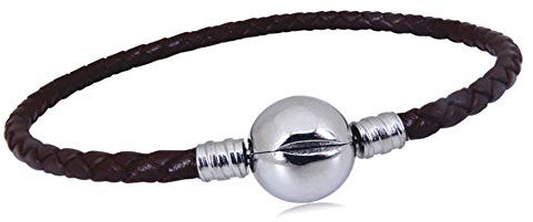 KunBead Jewelry Brown Leather Bead Charms Bracelets Clip Lock Clasp Snake Chain Basic Bracelet Gifts for Birthday