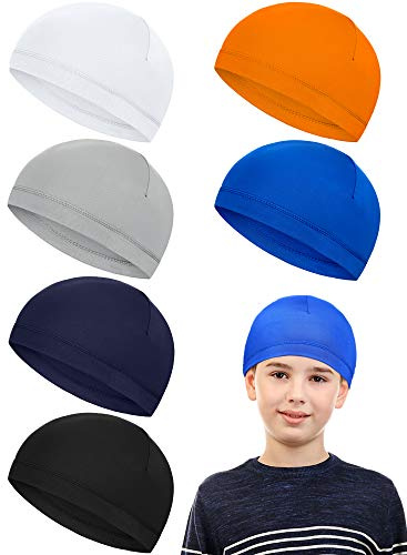 Geyoga 6 Pieces Football Skull Caps for Kids Youth Under Helmet Sports Wicking Cap Running Hat Milk Silk Helmet Liner in Simple Style (White, Grey, Dark Blue, Orange, Navy Blue, Black)