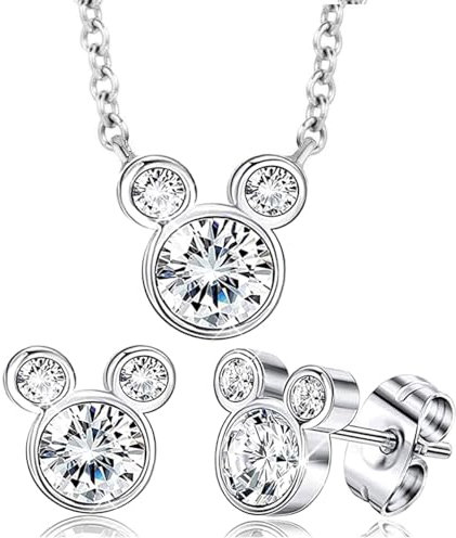 Kaguyo Schmucksets für Damen – Halskette mit Mickey-Mouse-Anhänger aus Sterlingsilber mit klarem Zirkonia und Ohrsteckern mit Minnie Mouse – Schmuckset für Damen und Mädchen – Geburtstagsgeschenk