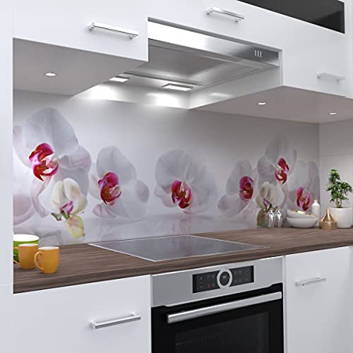 OneWheel, selbstklebende Küchenrückwand, 220x60 cm harte PVC Folie, Wandtattoo für Fliesenspiegel Design Blumen Weiss, Motiv: Orchidee