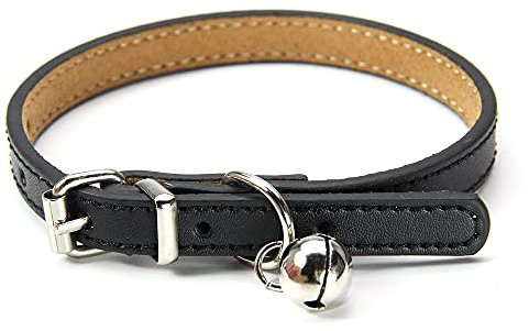 Cat Collar, EUYuan Adjustable Soft Leather Collars with Bell for Cats Small Dogs (Black)