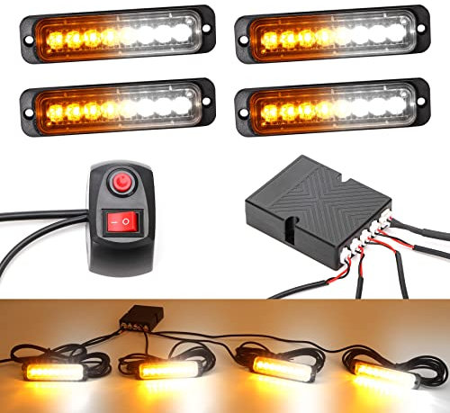 ROUTEKING 4X8LEDs Car Strobe Flash Lights Hazard Warning Beacon Emergency Flashing Lights14 Modes with Main Control Box Universal for 12V 24V Car Vehicle Truck Trailer Caravan Camper Van (Amber/White)