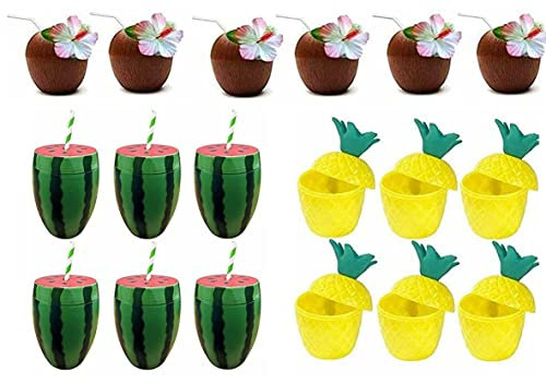 QDS 18 x Hawaii-Partybecher aus Kunststoff, Kokosnuss, Ananas & Wassermelone, tropische Cocktail-Party