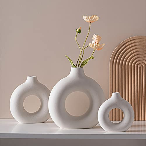 Keramik Vase für Pampasgras, 3er-Set Vasen Set,Trockenblumen Blumenvase S+M+L, Kleine Blumenvase, Beige Vase Donut Vase Deko Wohnzimmer Modern Keramikvase Deko Höhe Vasen Set