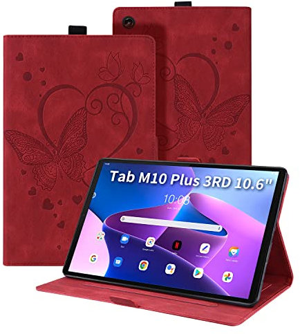 Auslbin Custodia per Lenovo Tab M10 Plus 3rd Gen 10.6 Pollici 2022 Cover e Tasca Libro e Motivo a Farfalla di Multi-Angoli Compatibile con per M10 Plus 3a Generazione,Rosso