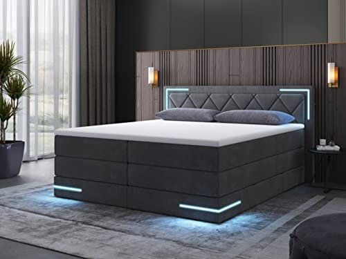 wonello Boxspringbett 160x200 mit Bettkasten und LED-Beleuchtung - gemütliches Bett mit LED Beleuchtung - Stauraumbett 160 x 200 cm mit Matratze und Topper - anthrazit Samt-Stoff