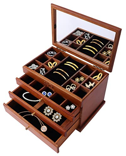 Fetcoi 4 Schichten Holz Schmuckkästchen, Vintage Braun Schmuckschatulle, Multifunktionaler Schmuckkoffer Mit Spiegel, Für Organisation Verschiedenen Schmuck, Geschenke
