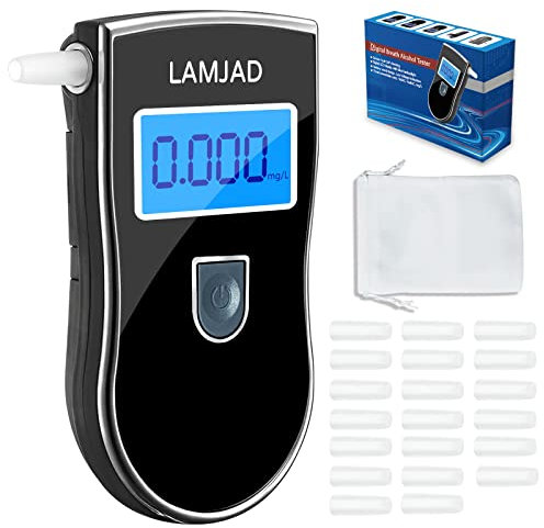 LAMJAD Alkoholtester,Alkoholmessgerät mit 20 Mundstücken und Blauem Hintergrundbeleuchtung LCD-Bildschirm,Promilletester für Den Persönlichen und Professionellen Gebrauch