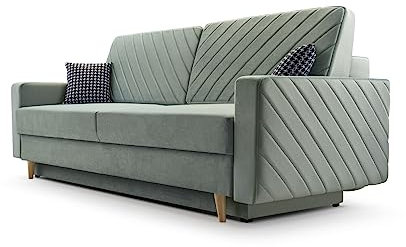 Sofa aus Samtstoff mit Schlaffunktion und Bettkasten Couch für Wohnzimmer Schlafsofa Sofagarnitur Polstersofa Wohnlandschaft mit Bettfunktion Velours 230x100x85cm - CALIFORNIA - Hellgrün (Kronos 47)