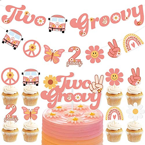 Regenbogen Deko Aufhängen Dekoramadan Kareem Banner Two Groovy Party Accessoires Cake Cupcake Topper Favor Dekoration Girlande für Kinder Geburtstag Babyparty Zubehör Rosa