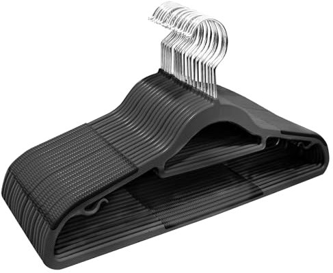 ABHENG 20 Stück Kleiderbügel, Rutschfester Kunststoffbügel, Platzsparender Bügel, 360° Drehbarer Haken, Dicke 0,5 cm, 42 cm lang, für Mäntel, Kleider, Hemden, Schwarz + Silber, APY0320B