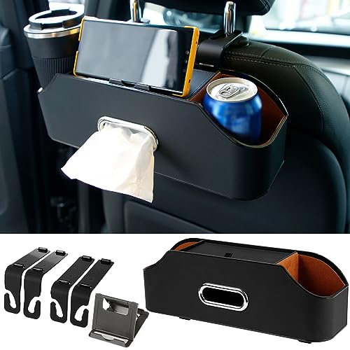 Car Back Seat Organizer, Multi-Functional Car Back Seat Tissue Holder with Cup Holder Hooks PU Leather Car Back Seat Storage Box for Kids Travel (Black)
