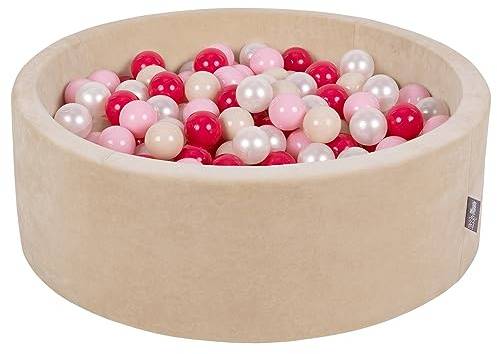 KiddyMoon Rund Bällebad Velvet Bällepool 90X30cm/200 Bälle ∅ 7Cm Ballgruben Für Babys Spielbad Kleinkinder, Hergestellt In EU, Sandbeige: Pastellbeige/Puderrosa/Perle/Dunkelpink
