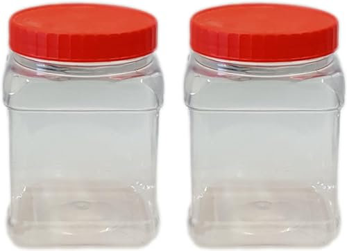 [Pack of 2] 1000 ML Plastic Storage Square Pet Jars with Airtight Red Screw Top Lids Clear Storage Containers Set Bottle jars Kitchen Food Storage Canister For Hardware Cereal Spices Sugar Sweets