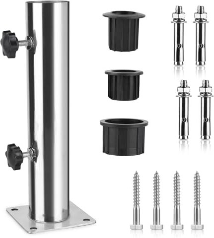 efuturetime Soporte de Sombrilla Soporte de Suelo Universal Ajustable con 3 Anillo de Reducción de PVC(32/38/48mm), Manguito de Soporte de Sombrilla Acero Inoxidable con 8 Clavos de Acero