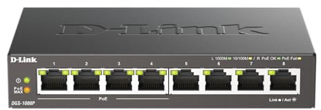 D-Link DGS-1008P 8-Port Gigabit Unmanaged Desktop PoE Switch, 80W Power Budget, Metall, Lüfterlos