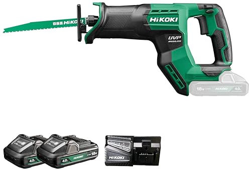 HIKOKI Scie sabre CR18DMA sans fil (18 V (2 x 4,0 Ah) Li-ion, course de scie : 29 mm, diamètre des scies dans le bois : 300 mm, scies dans le tube Ø : 130 mm, scies en acier Ø : 19 mm, gamme de