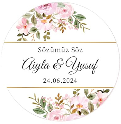 50x Sözümüz Söz Aufkleber PERSONALISIERT Ihr Text Hochzeitssticker 40mm für Türkische Hochzeit Gastgeschenke Etiketten - Rd 670 (06 Rose)