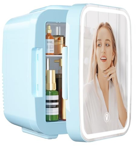 YASHE Mini Nevera para Dormitorio, Skincare Nevera con Espejo LED, Pequeña Nevera de 4L Portátil, Calentador y Enfriador Termoeléctrico 220V AC / 12V DC para Coche, Oficina, Dormitorio (Azul)