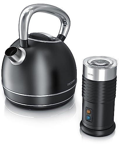 arendo Set Ensembles Bouilloire électrique et Mousseur à Lait INOX Noir, Bouilloire Style Vintage rétro 1,7L 2200W, Mousseur à Lait électrique 2 Touches pour moussage à Chaud et à Froid, Noir