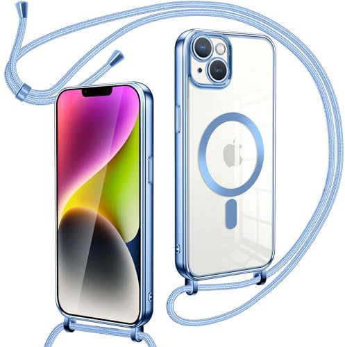 Oelrstfe Collier Coque avec Cordon pour iPhone 14 Plus, Transparent Réglable Étui Chain Chaine Housse de Souple Silicone Antichoc Etui Bandouliere Laniere pour iPhone 14 Plus - Bleu