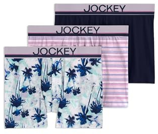 Jockey Men's Underwear Casual Cotton Stretch 3 Trunk - 3 Pack, Teal Ocean Palms/True Navy/Vacation Stripe, XL