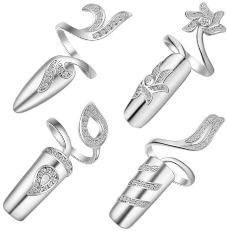PATKAW Inlay-Kristall-Dekoration Für Fingernägel: 4 Stück Offene Fingernagelringe Für Damen Dekorativ Für Nägel – Ringe Aus Strass-Legierung – Verstellbare Öffnung Zum Schutz Der