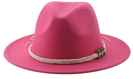 SOYNIA Fedora Trilby Filzhut Hut Hüte Für Damen Fedora Gefilzt Herrenhut Panama Lässig Vintage Western Cowboy Kette Breite Krempe 52–54 cm (Kinder) Rosered