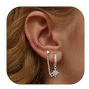 Adramata Ohrringe Silber 925 für Damen Mädchen 14K Vergoldet Doppel Piercing Ohrstecker Creolen mit Kette, Hypoallergen Zirkonia Ohrring Silber Hängend für Mehrere Ohrlöcher (2 Stück)