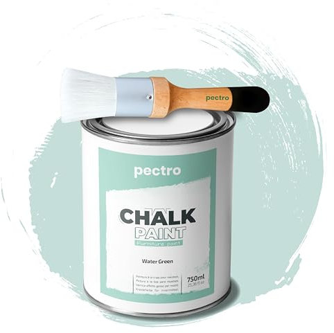 PACK Kreidefarbe für möbel 750ml + Malerpinsel speziell für Chalk Paint - Möbellack Natürlicher Kreideeffekt - Farbe für Holz (Wassergrüne)