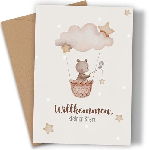Hochwertige Karte zur Geburt mit Umschlage aus Kraftpapier - A6 Klappkarten Glückwunschkarte Geburt Junge Mädchen Geburtskarten für Baby - Willkommen kleiner Stern Wolkenbär Muster - Geschenk Geburt