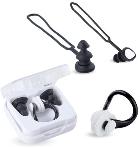 Kit de Tapones Natacion y Pinzas Nariz Natacion para Niños y Adultos. Tapones Piscina y Pinzas Nariz Apnea de Silicona, Suaves y Cómodos. Incluye Cordones Anti Pérdida y Caja de Transporte