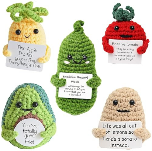 Yiqicomle 5 Stück gestrickte positive Früchte, handgefertigte süße positive Früchte, lustige Strickobst mit positiver Karte, kreative Häkelpuppe als Geschenke und Dekoration, Ananas, Gurke, Tomate