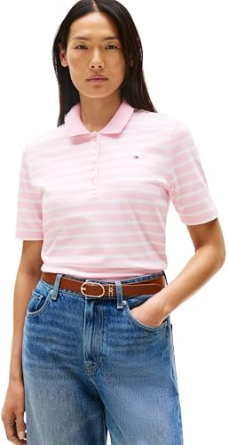 Tommy Hilfiger Damen Poloshirt Kurzarm 1985 Pique Regular Fit, Mehrfarbig (Breton STP Classic Pink/Ecru), XL