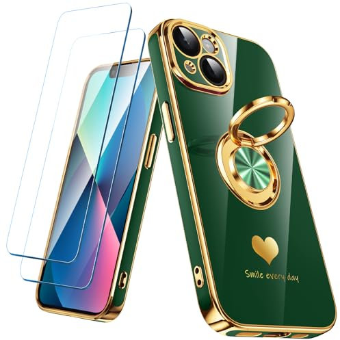 Nonional Compatible for iPhone 13 Case with 2 Pack Screen Protector, 360° Rotatable Ring Holder [Luxury Hearts Pattern] Plating Gold Edge Slim Soft Phone Cover Case for iPhone 13 - Green