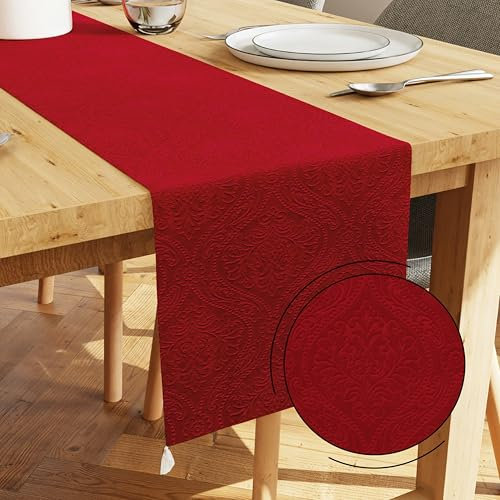 Encasa XO Tischläufer | Geprägtes Samt | Größe 32x240 cm | Farbe Rot mit Premium-Polyester - Maschinenwaschbar