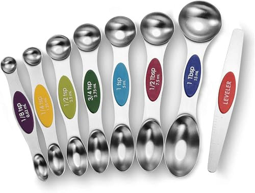 Magnetic Measuring Spoons Set of 8 Stainless Steel Stackable Dual Sided Nesting Teaspoons and Tablespoons for Measuring Dry and Liquid Ingredients (Color)
