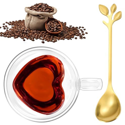 LOMUG 180ml Doppelwandige Espressotassen 1 Set Kaffeegläser Teegläser mit Henkel und Untertasse, Herz Tasse für Milch Saft, Geschenk für Frauen Freund/in Paare zu Geburtstag Hochzeit Weihnachten