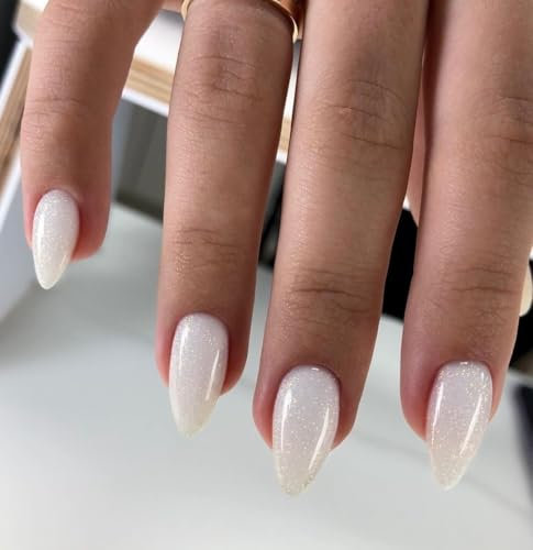 Glitter White False Nails Almond, SXVME Cat Eye Press on Nails Short Almond, Sparkly Shiny Fake Nails With Design, Cute Bling Glue on Nails Acrylic Stick on Nails for Women Party Holiday Wear, 30 Pcs