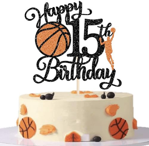 Xsstarmi 1 Pack Happy 15th Birthday Cake Topper Black Glitter Basketball Sports Cake Pick Cheers to 15 Years Cake Decorations for Basketball Theme Birthday Party Supplies