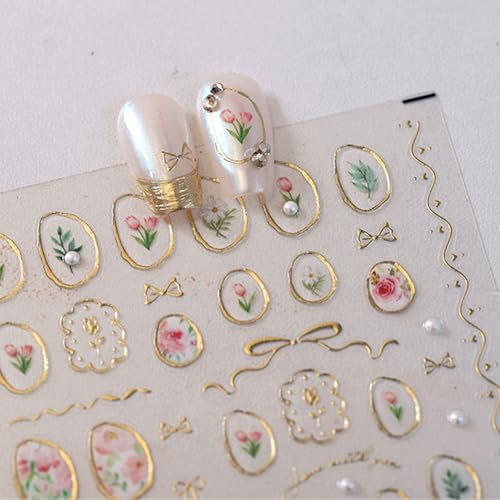 JMEOWIO 3D Nagelsticker Blumen Schleife Nail Art Sticker Selbstklebend Nagelaufkleber 5D Stereoskopisch Dekoration Nageldesign Zubehör 1 Blatt